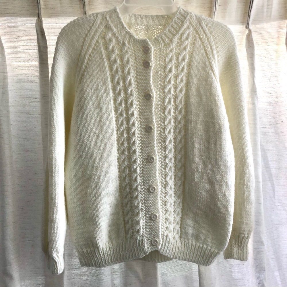 Handmade white knit cable cardigan sweater